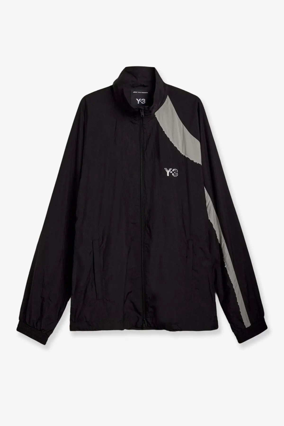 Black y-3 men’s water repellent nylon zip-up jacket with gray diagonal stripes and white logo detailing