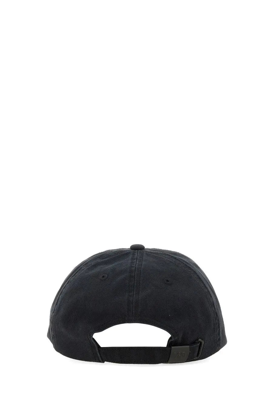 Y-3 unisex black baseball cap with simple structured design and adjustable strap shown from the back side