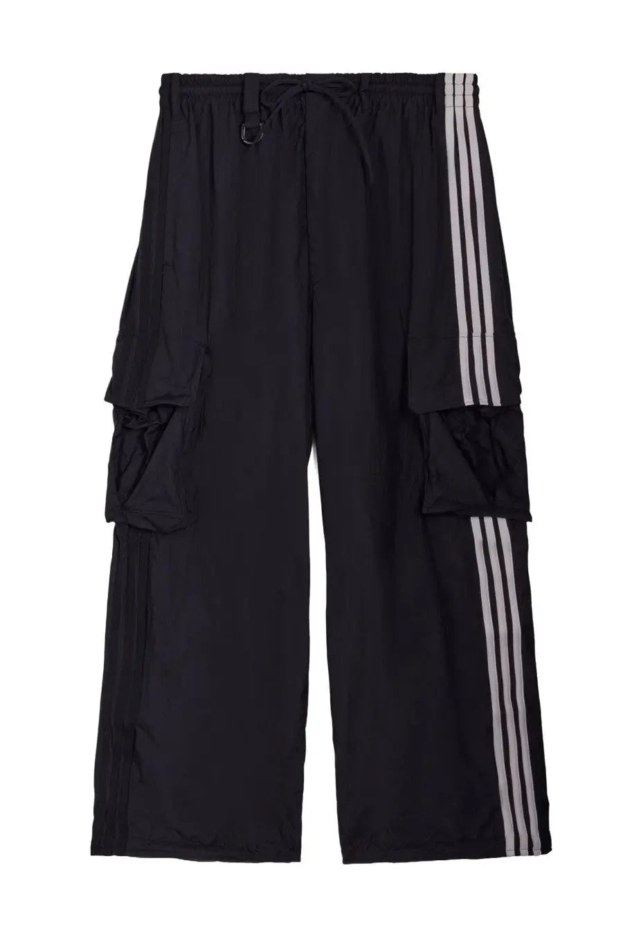 Y-3 unisex black cargo pants with three white stripes and multiple large pockets for functional streetwear