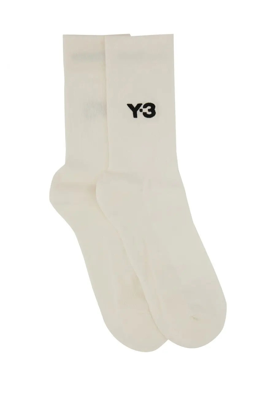 Cream-colored y-3 unisex classic crew socks with minimalist black logo on ankle and soft cotton blend material