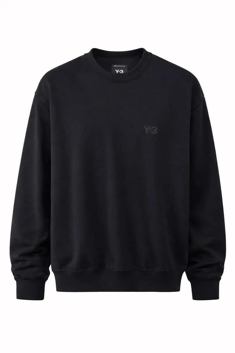 Black y-3 unisex cotton crewneck sweatshirt with subtle logo embroidery on chest and branded neckline tag