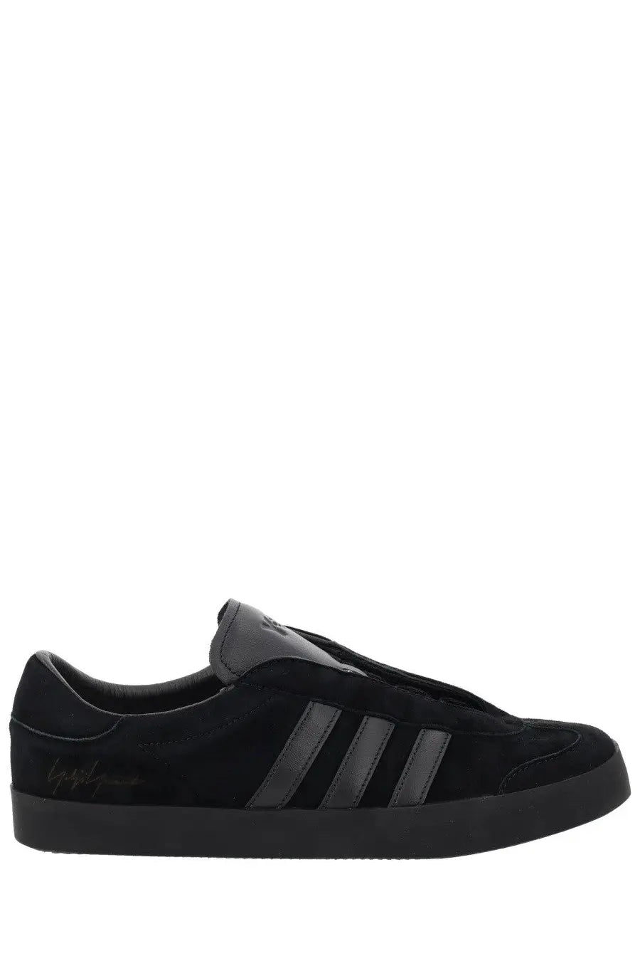 Black suede adidas y-3 unisex gazelle sneaker with three dark gray stripes and signature logo on the side