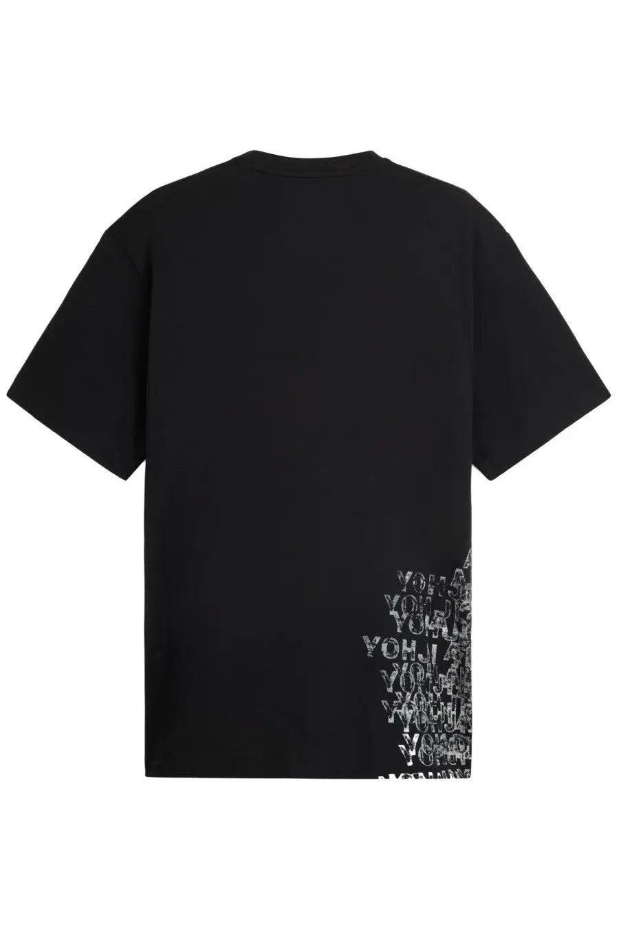 Black oversized Y-3 unisex t-shirt featuring bold white repeating yohji text graphic on lower right side