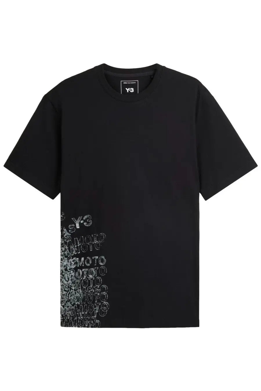 Black y-3 unisex t-shirt with vertical white repeating y-3 and moto graphic print on the left side