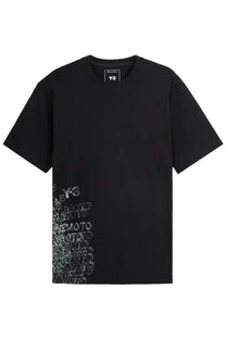 Black y-3 unisex t-shirt with vertical white repeating y-3 and moto graphic print on the left side