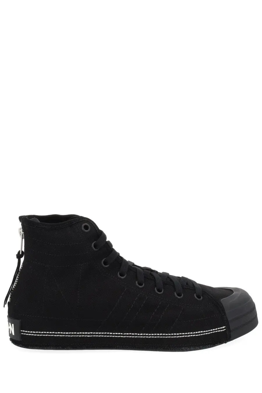 Black high-top y-3 unisex sneaker nizza neighborhood with white side stitching and zipper on the heel back side view