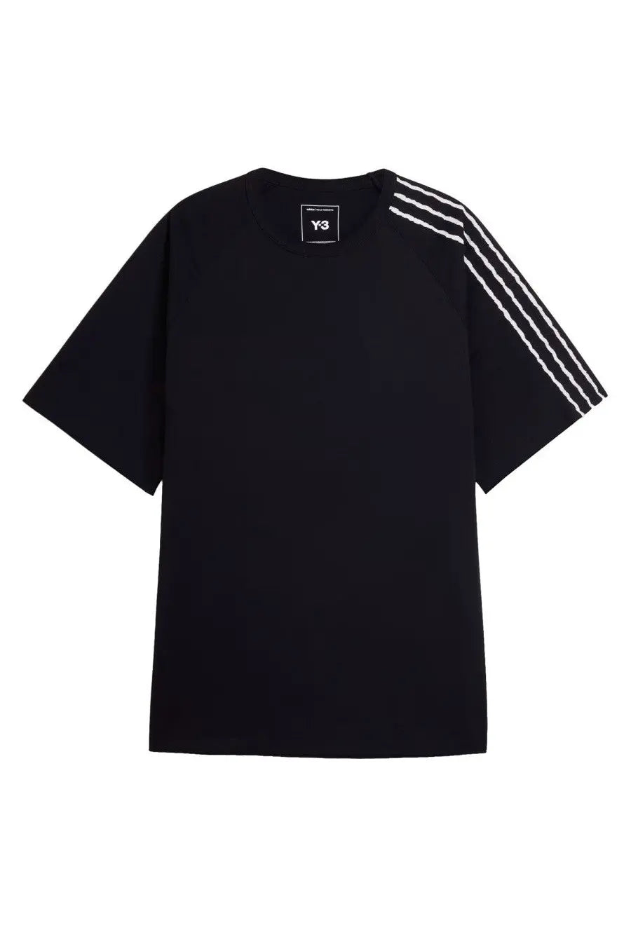 Black y-3 unisex short-sleeved t-shirt with white three stripes on sleeves and branded collar tag