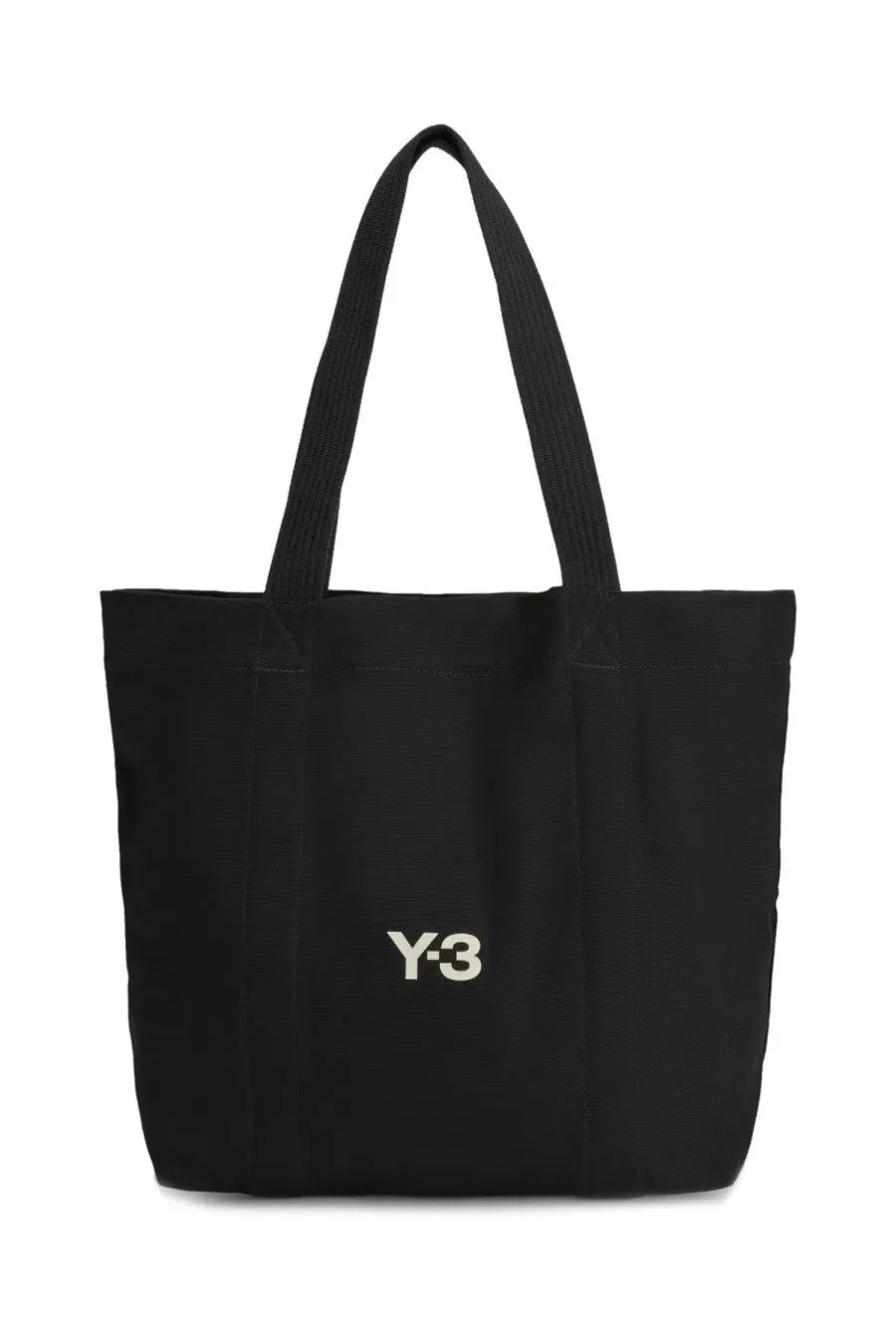 Black y-3 unisex tote bag featuring a white embroidered logo on the front made from durable fabric