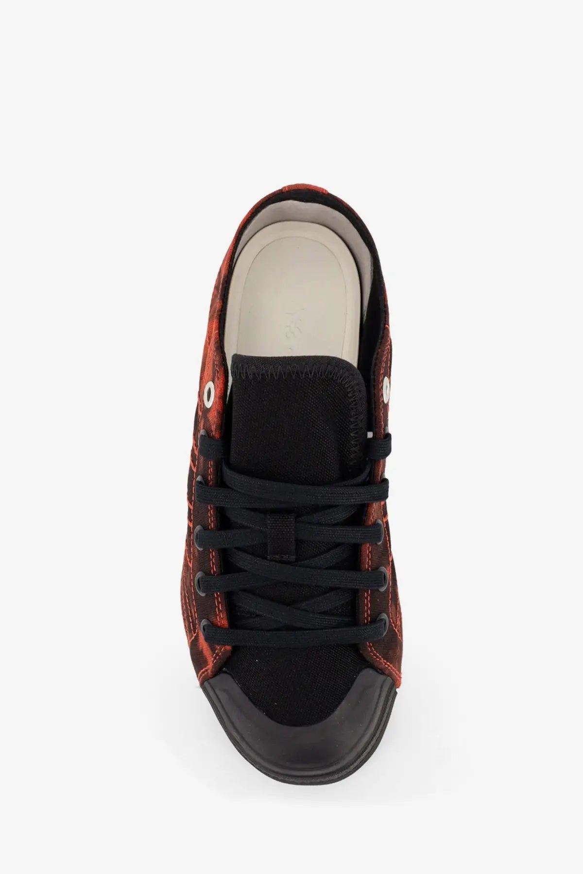 Red and black patterned y-3 women’s nizza lo canvas high-top sneaker with rubber toe cap
