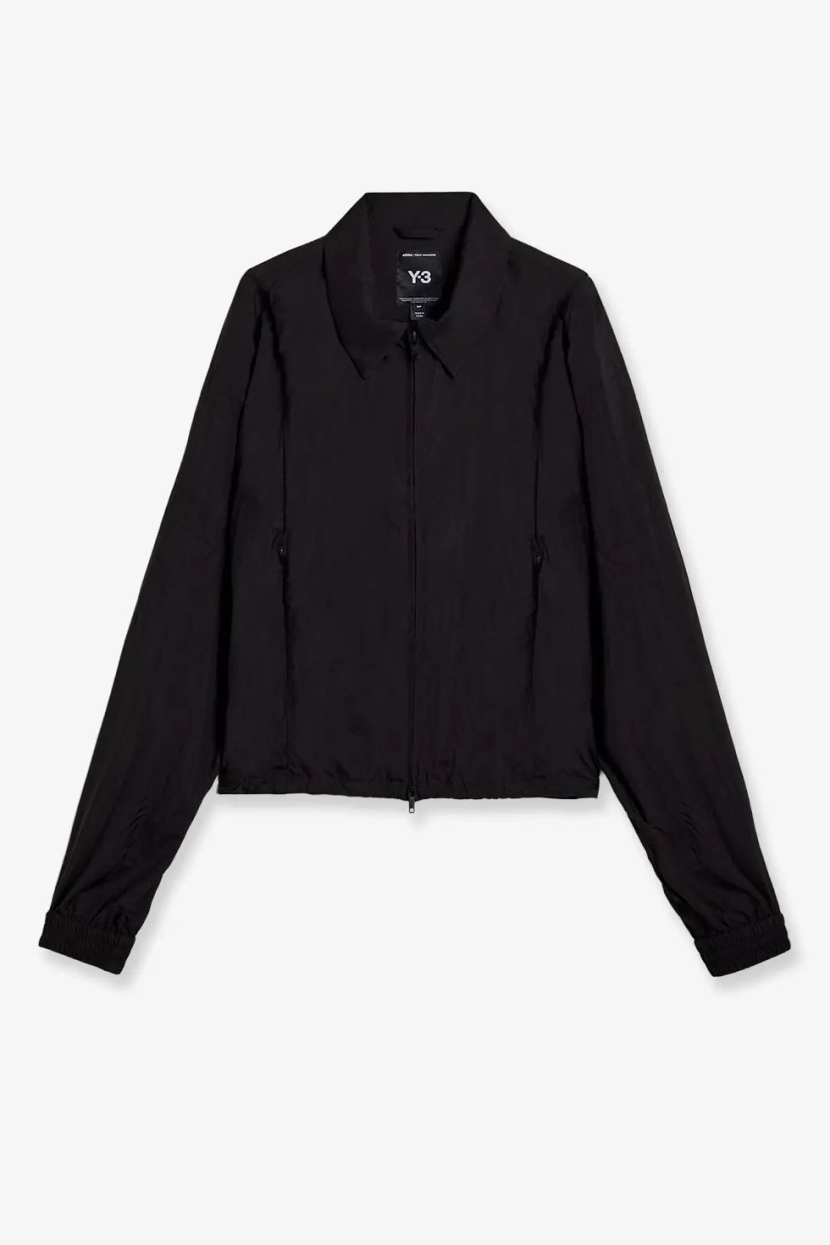 Black y-3 women’s nylon zip-up jacket with sleek minimalist design and subtle collar branding