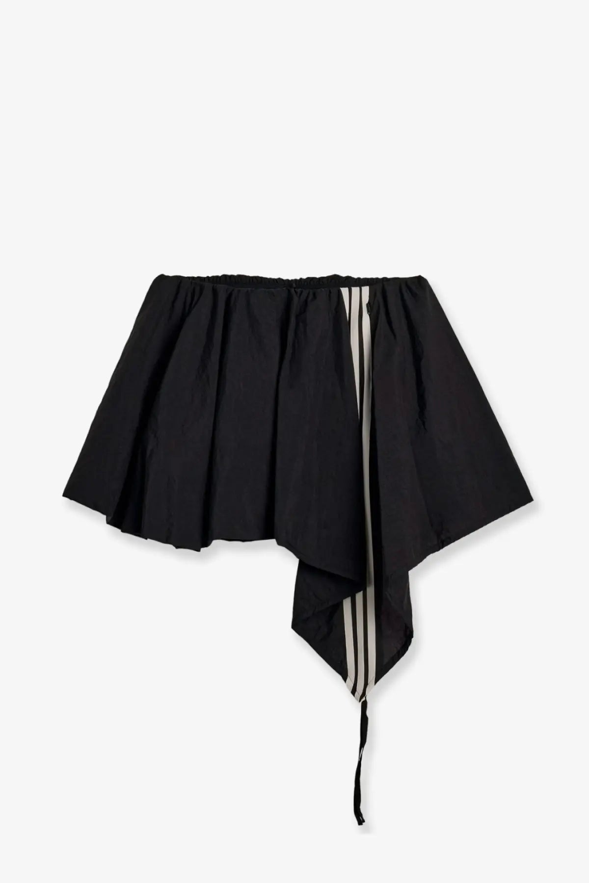 Y-3 women’s black nylon asymmetrical skirt with gathered waistband and vertical striped panel detail