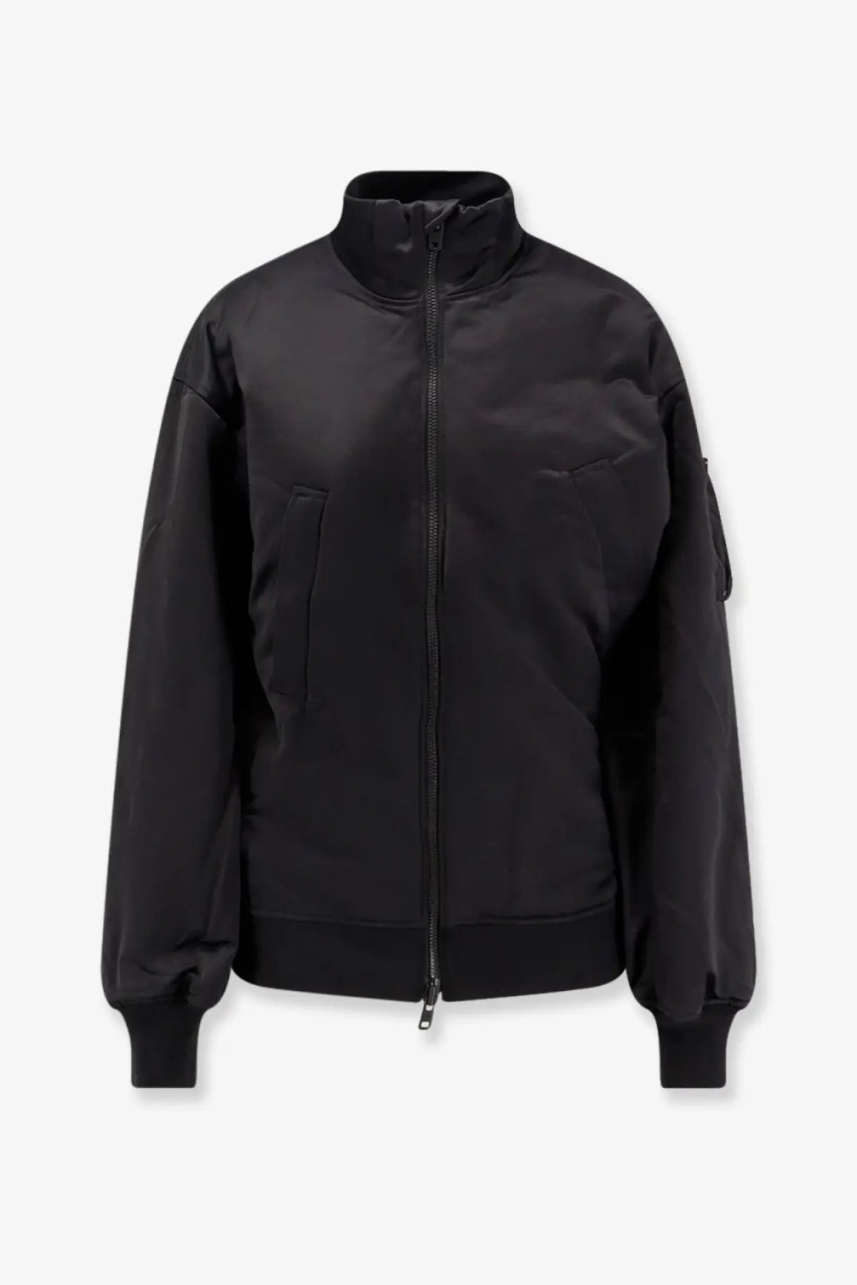 Y-3 women’s recycled nylon bomber jacket in black with matte finish and subtle quilted panels