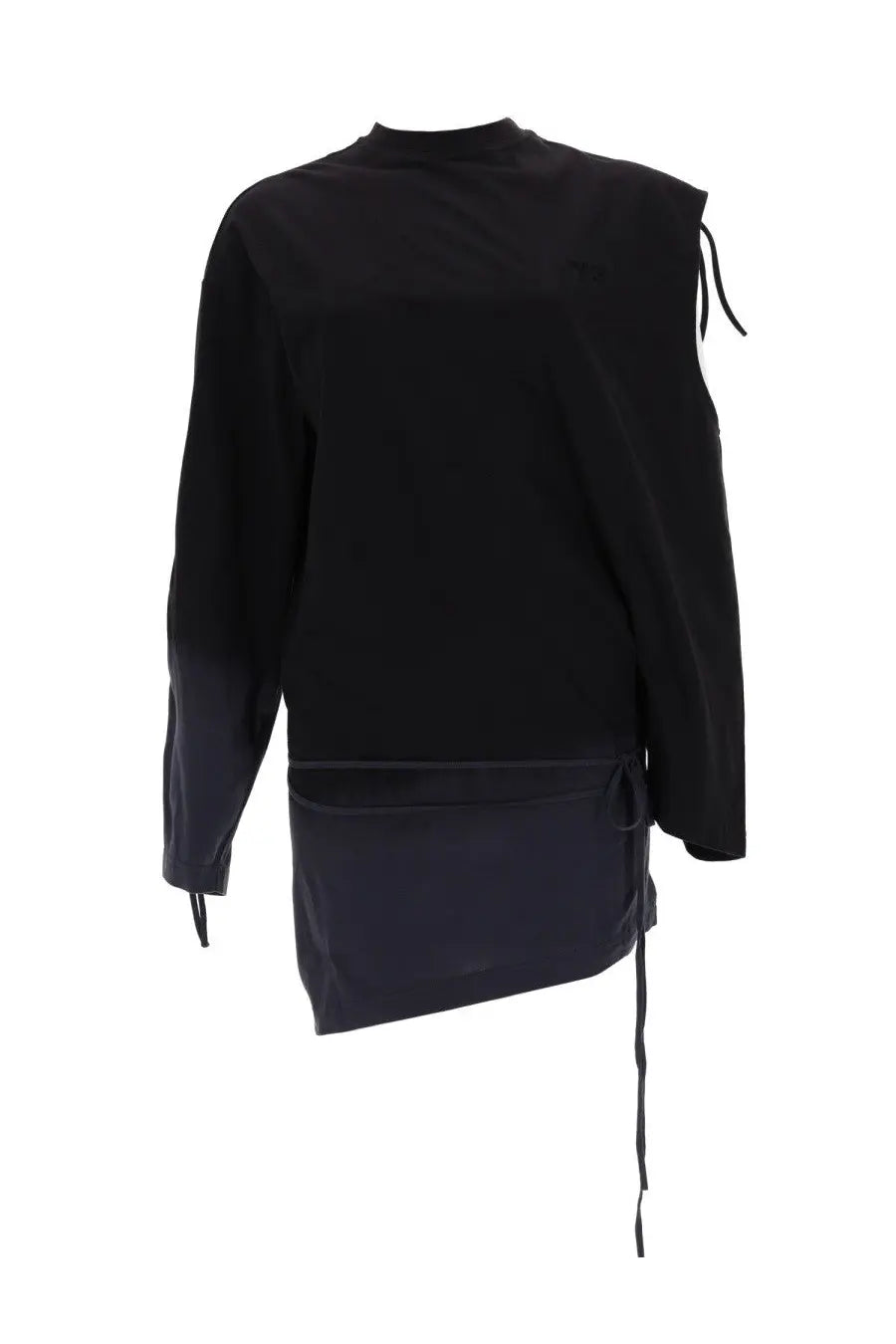 Black y-3 women’s long-sleeved shirt with asymmetrical draped one-shoulder design and side drawstring details
