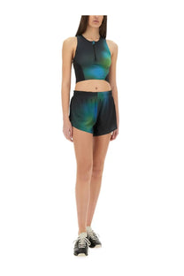 Y 3 women’s sleeveless cropped athletic top with teal and green gradient over black fabric for active wear