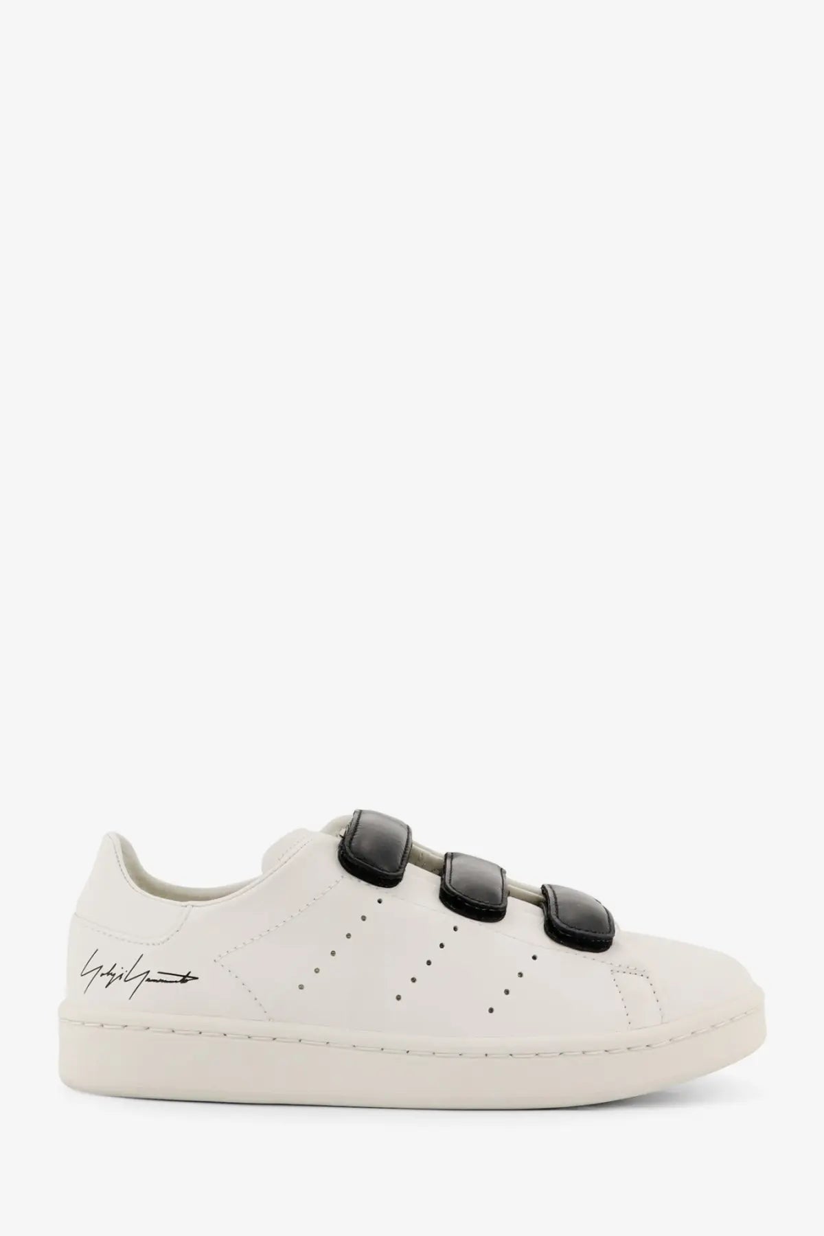 Y-3 women’s stan smith velcro leather sneaker in white with black straps and signature logo on the side