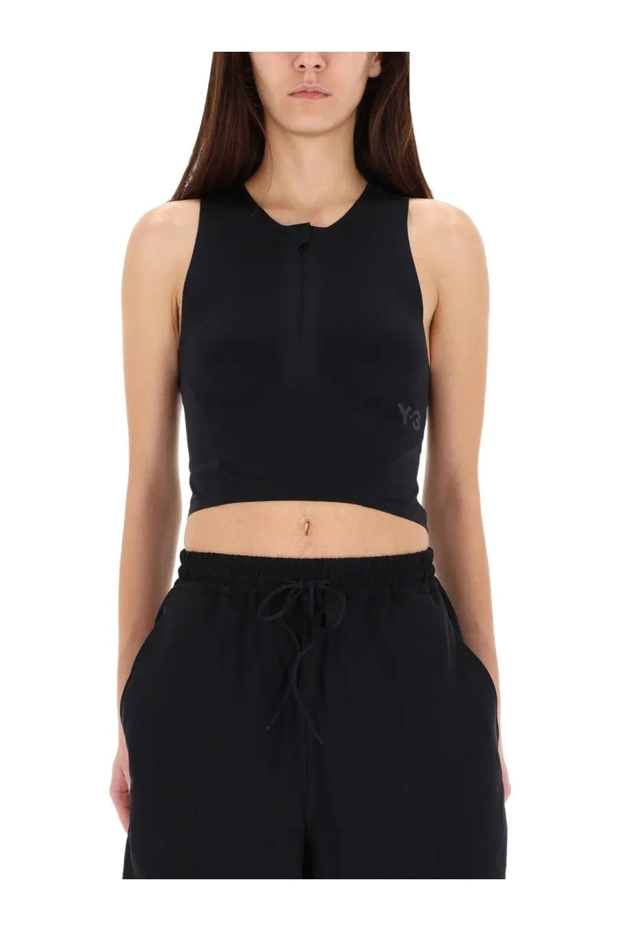 Y-3 women’s black sleeveless cropped top with front zipper and subtle logo ideal for running and casual wear