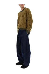 Ymc men’s black palm sweater green in olive green chunky knit with dark green cuff and neckline accents