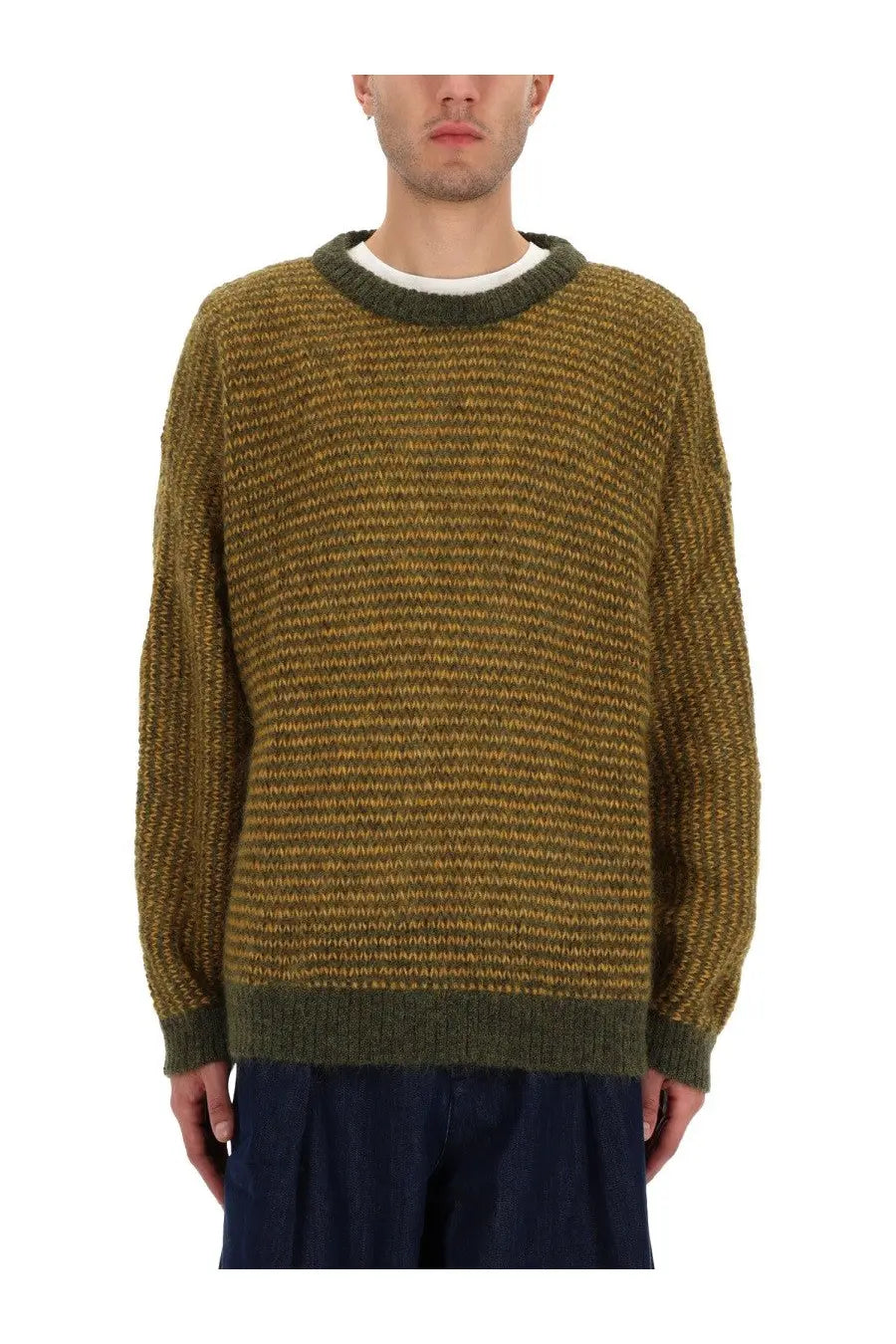 Ymc men’s black palm sweater green with olive and mustard thick knit and dark green ribbed collar and cuffs