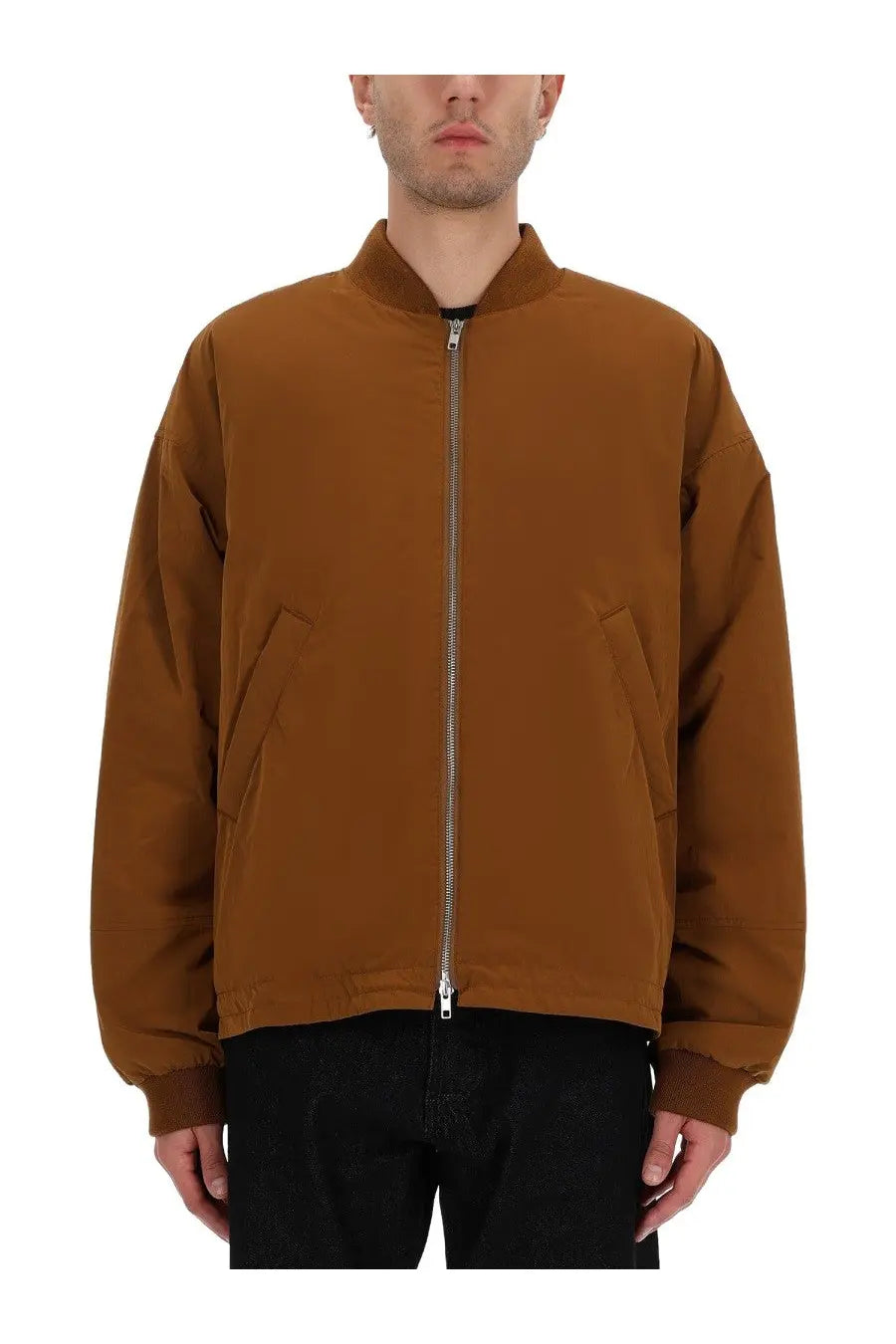 Ymc men’s bomber basement brown jacket with full-length zipper and ribbed cuffs in brown leather material