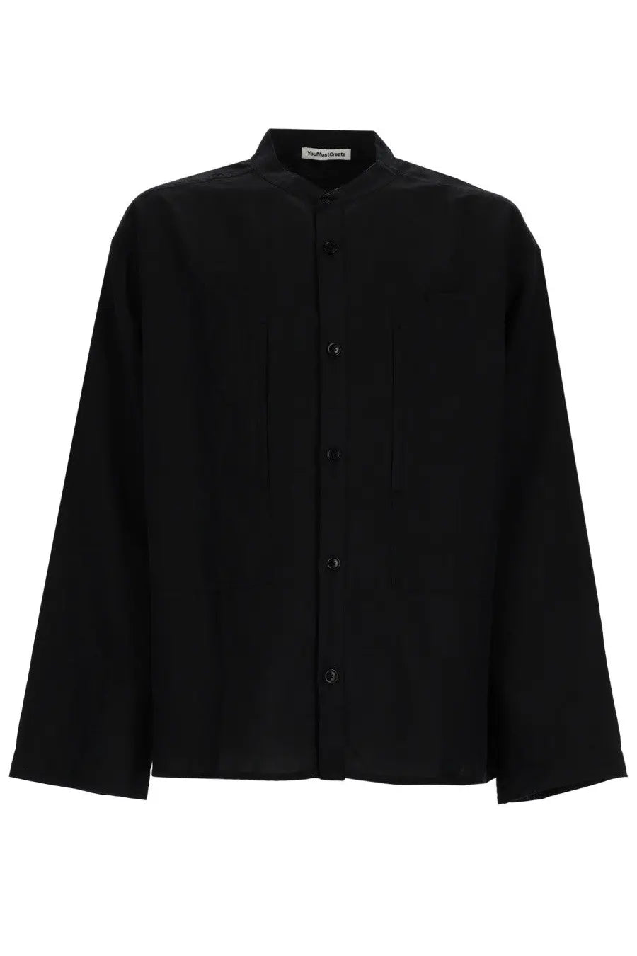 Ymc men’s camicia Hawkeye black button-up shirt with stand collar and long sleeves in black fabric