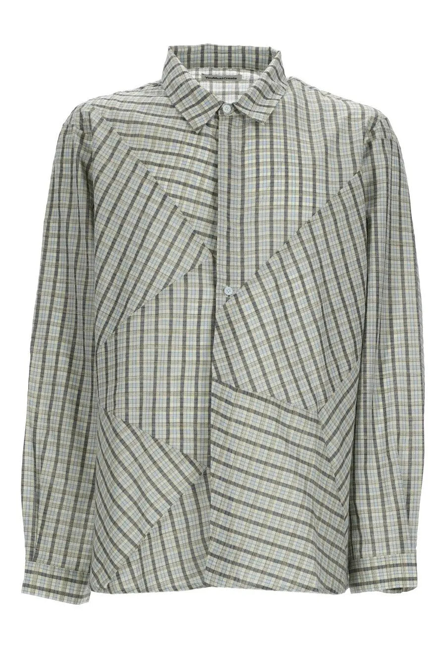 YMC men’s camicia substance long-sleeved collared shirt with green and beige patchwork plaid design