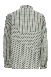 YMC men’s camicia substance multicolor long-sleeved shirt with patchwork plaid and diagonal stripes in muted green and gray