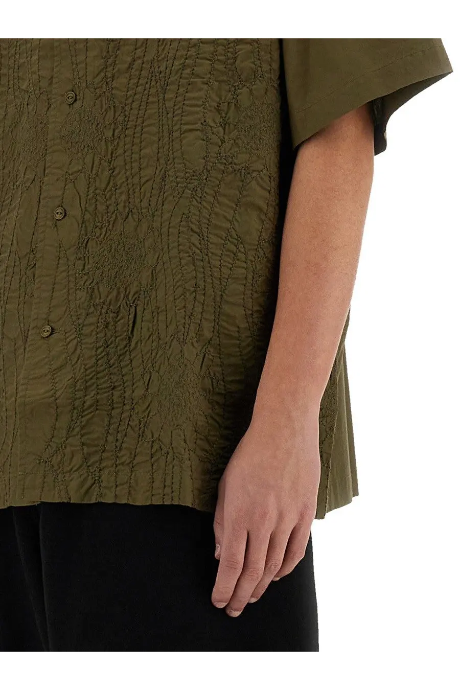 YMC men’s ciders olive green short-sleeved button-up shirt with textured crinkled fabric and vertical stitching details