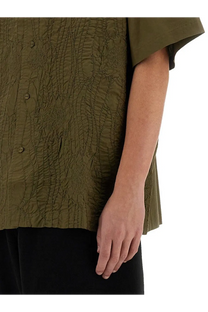YMC men’s ciders olive green short-sleeved button-up shirt with textured crinkled fabric and vertical stitching details