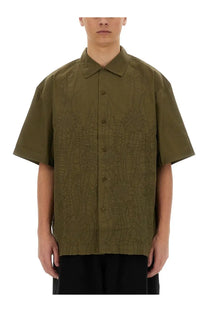 YMC men’s ciders shirt brown olive green short-sleeved button-up with subtle textured pattern