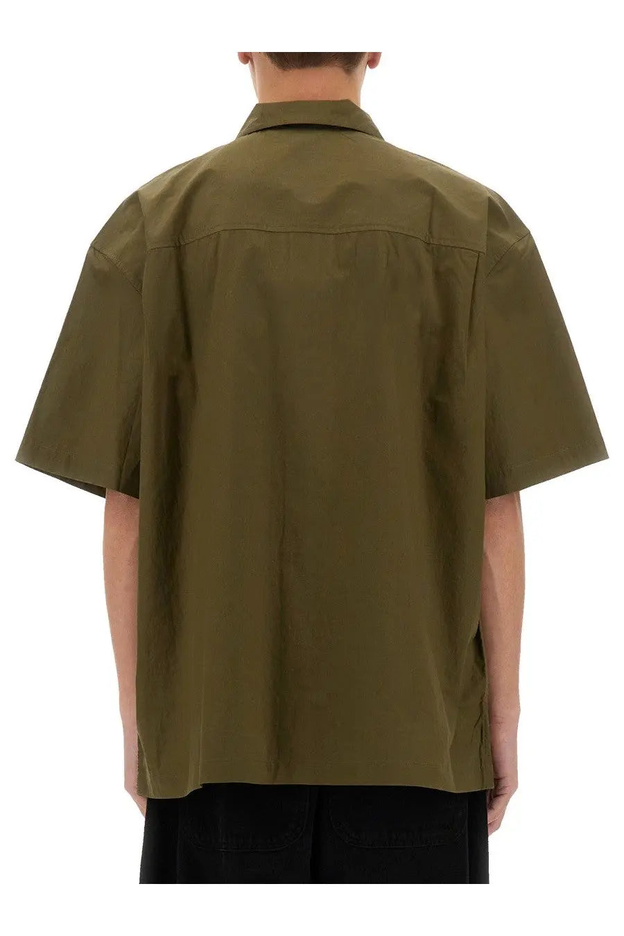 YMC men’s ciders olive green short-sleeved button-up shirt with relaxed fit and subtle stitching details