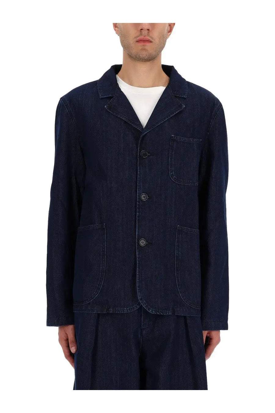 YMC men’s earth scuttlers jacket blue dark blue denim blazer with classic collar three front buttons and patch pockets