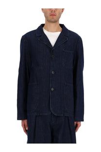YMC men’s earth scuttlers jacket blue dark blue denim blazer with classic collar three front buttons and patch pockets