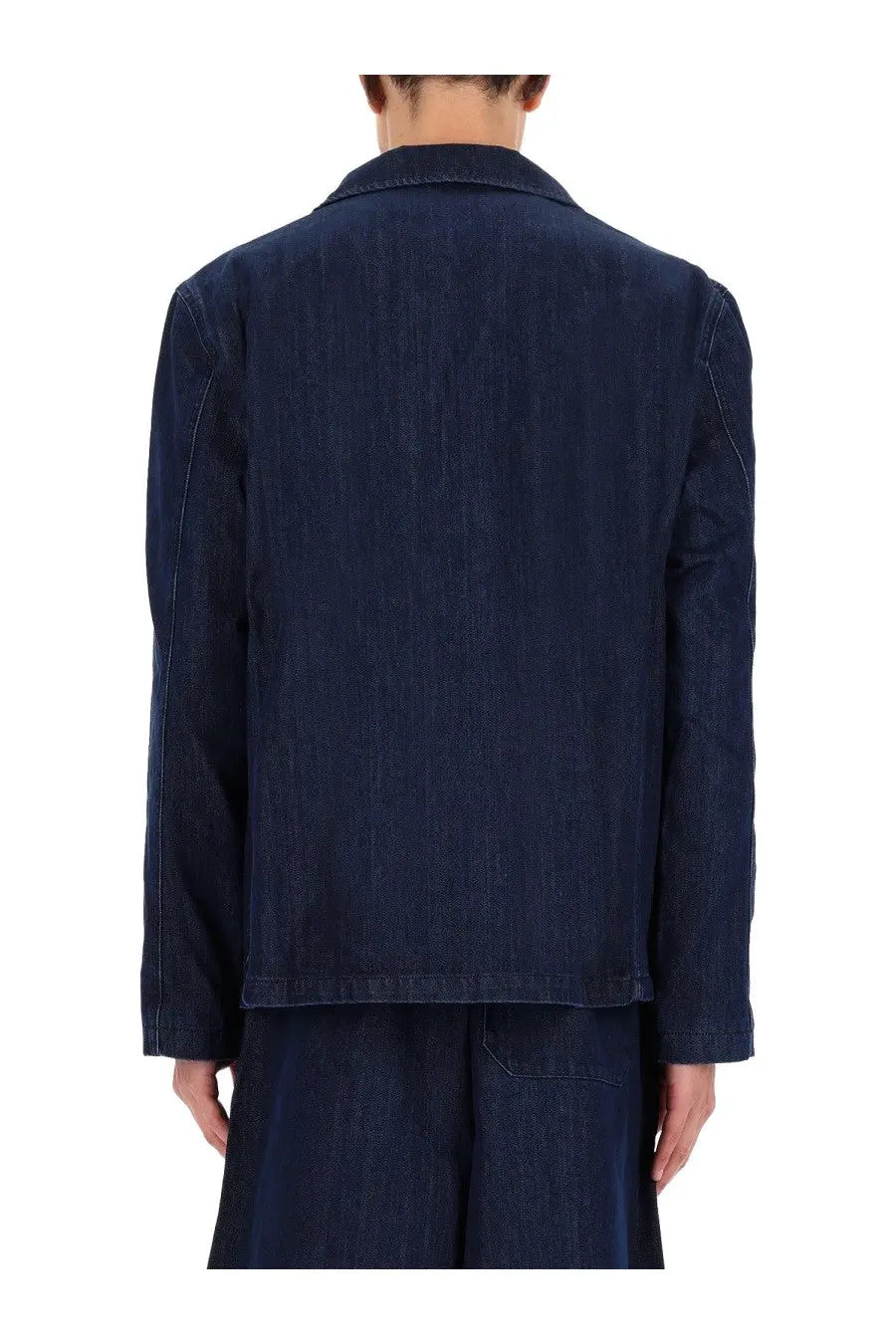 Dark indigo denim jacket with classic collar and subtle stitching details from YMC mens earth scuttlers jacket blue