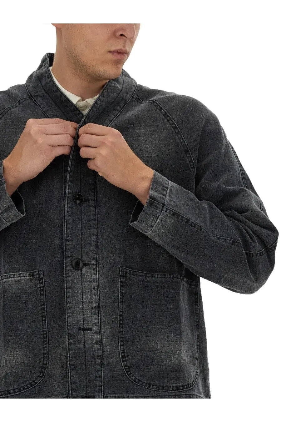 YMC men’s erkin jacket black dark gray denim jacket with classic collar and front button closure
