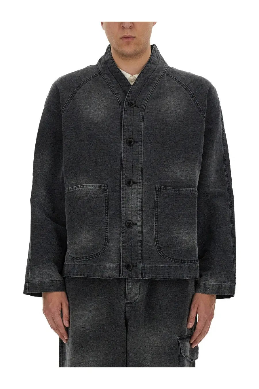 Dark gray denim YMC men’s Erkin jacket with mandarin collar and two front patch pockets in black color