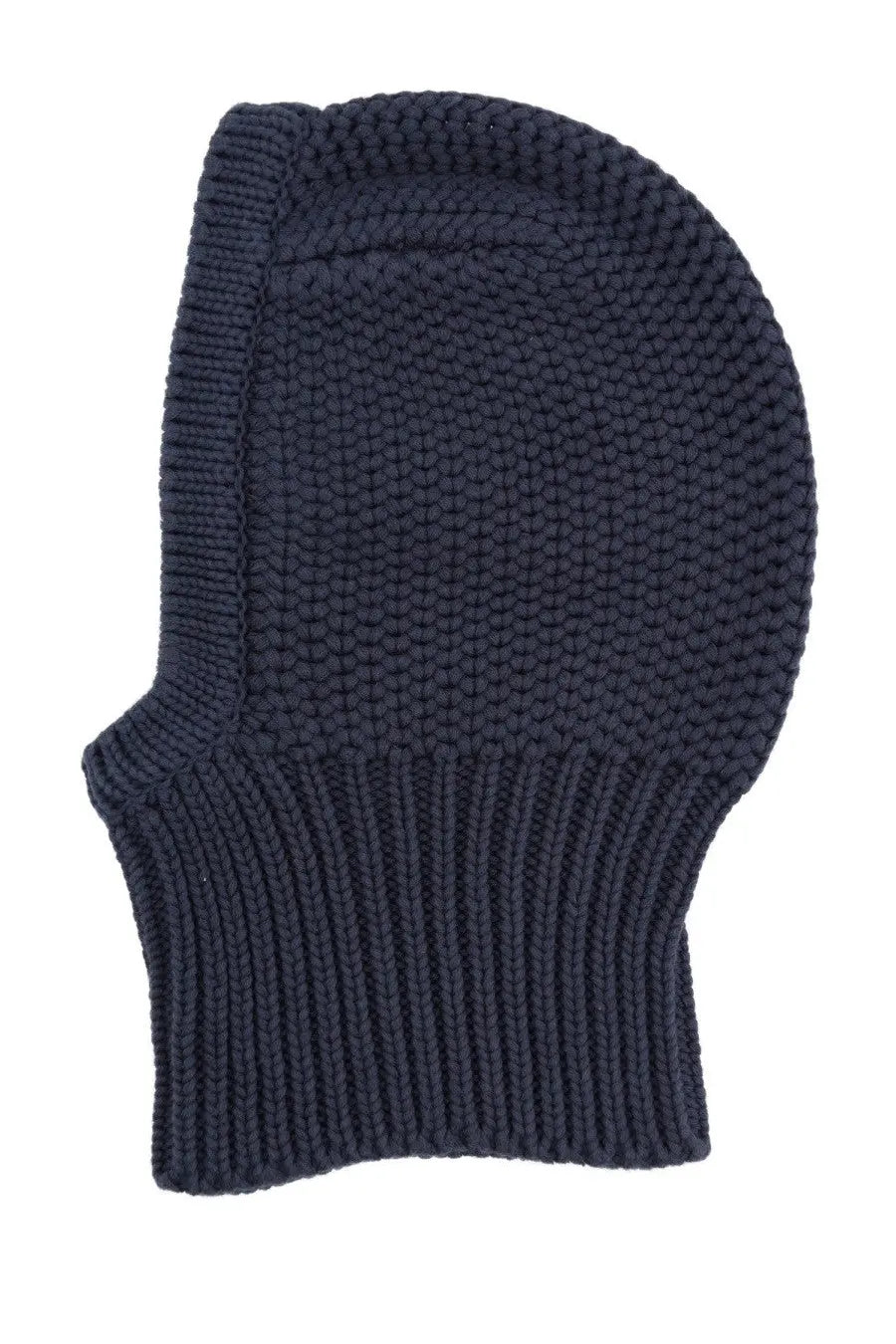 Dark navy knitted balaclava by YMC with textured ribbed pattern and snug fit for men