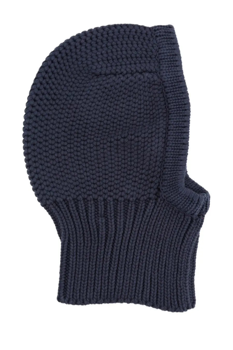YMC men’s dark blue knitted balaclava with textured ribbed pattern and snug-fitting design