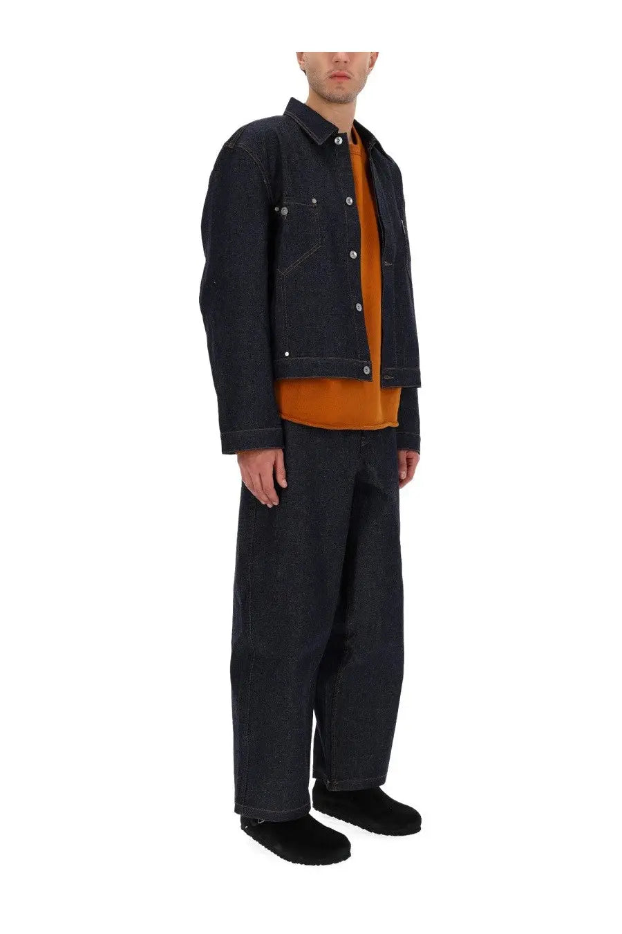 Ymc men’s loft jacket blue dark denim with silver buttons and two chest pockets