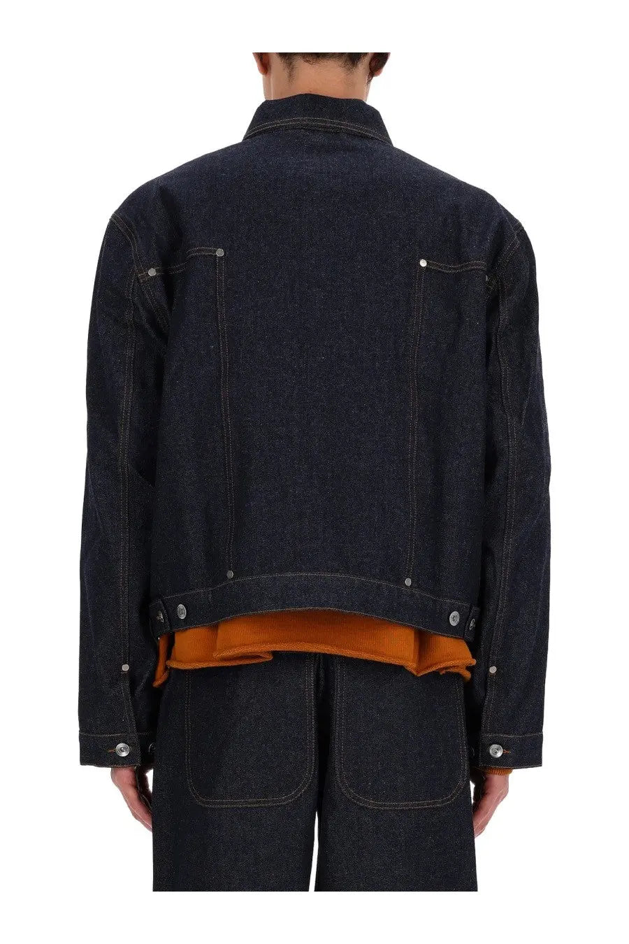 Ymc men’s loft jacket blue in dark indigo denim with contrasting orange lining and silver button closures