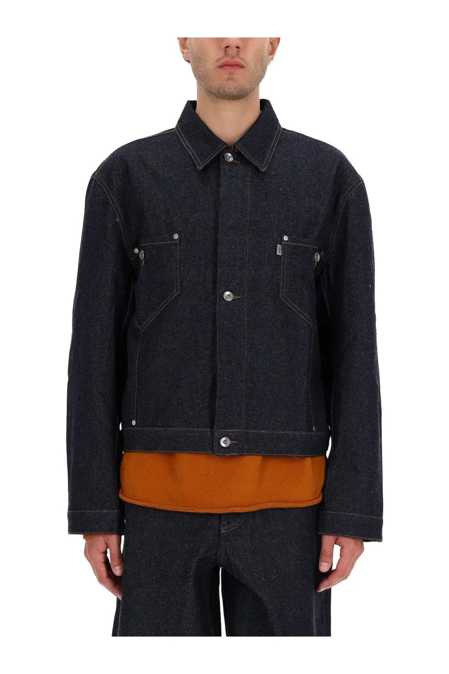 YMC men’s loft jacket blue dark indigo denim with silver-toned buttons and two chest pockets front view