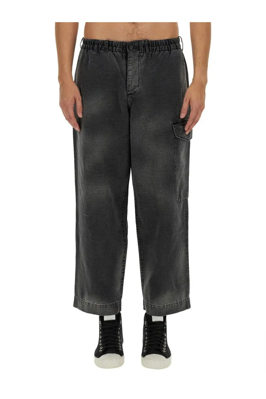 YMC men’s military pants black in dark gray faded denim with elastic waistband and large thigh patch pocket