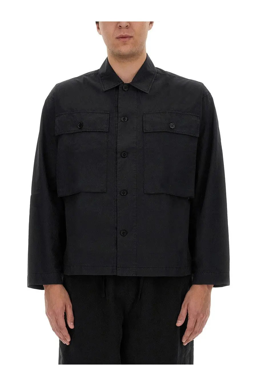 YMC men’s military shirt black button-up with classic collar and two chest pockets in durable fabric