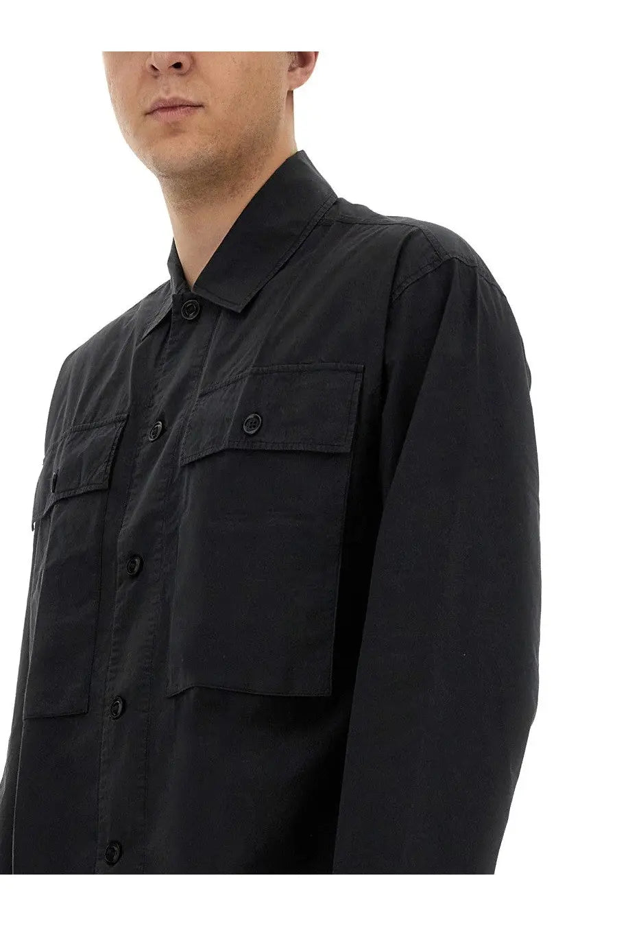 YMC men’s military shirt black button-up with two chest pockets and classic collar in durable cotton fabric