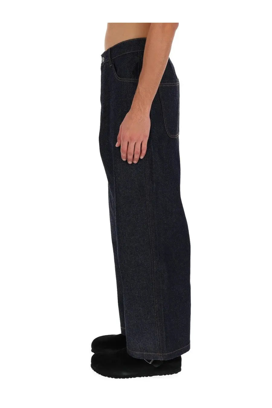 YMC men’s replacement jeans blue in dark indigo denim with relaxed wide leg cut and classic stitching