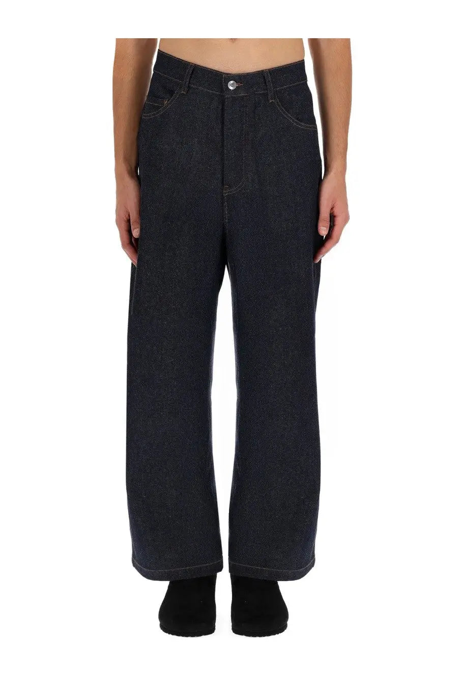 YMC men’s replacement jeans in dark indigo denim with wide-leg cut high waist and classic five-pocket design