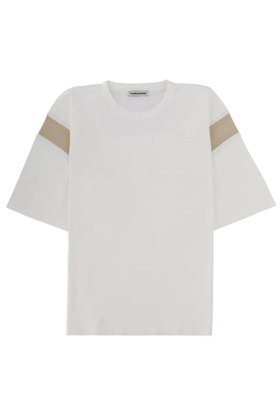 YMC men’s shirt skate triple white short-sleeved white t-shirt with beige shoulder stripes and soft fabric crew neck