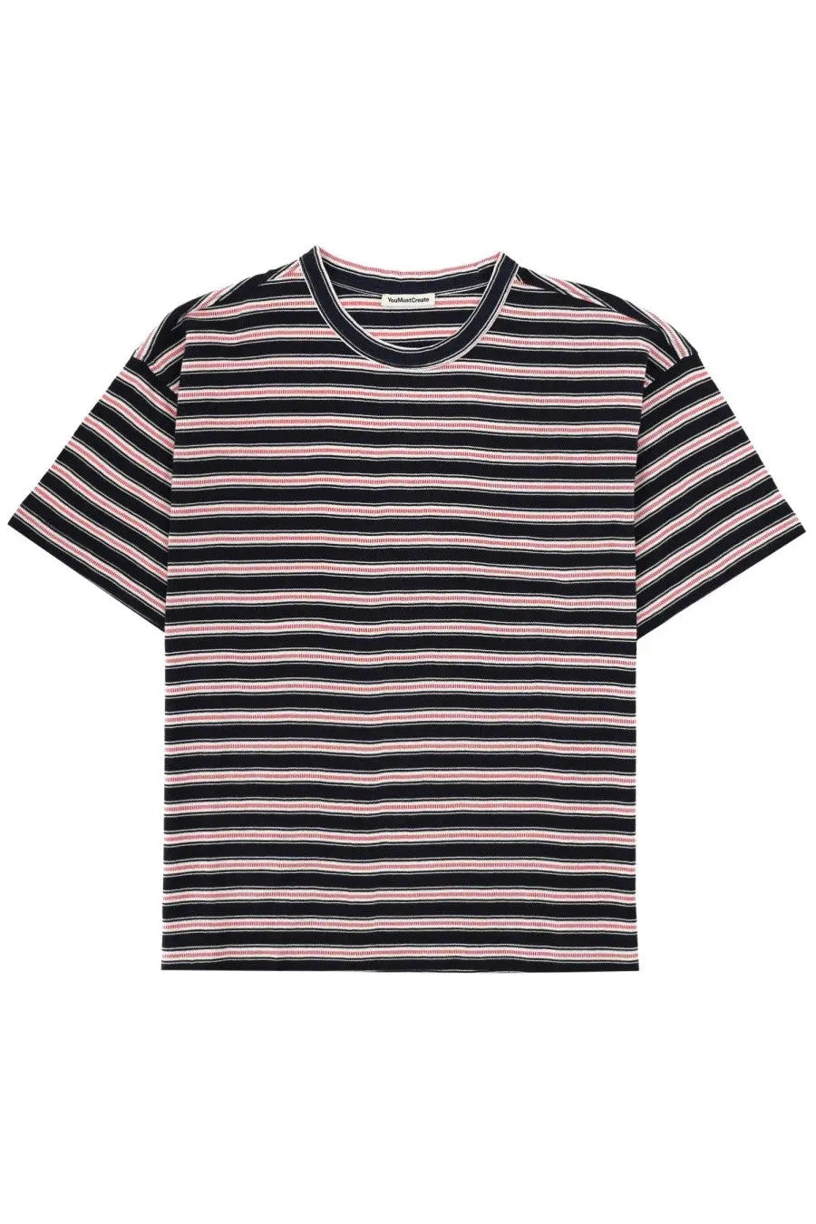 YMC men’s shirt triple multicolor black and pink striped short-sleeved t-shirt with ribbed crew neck