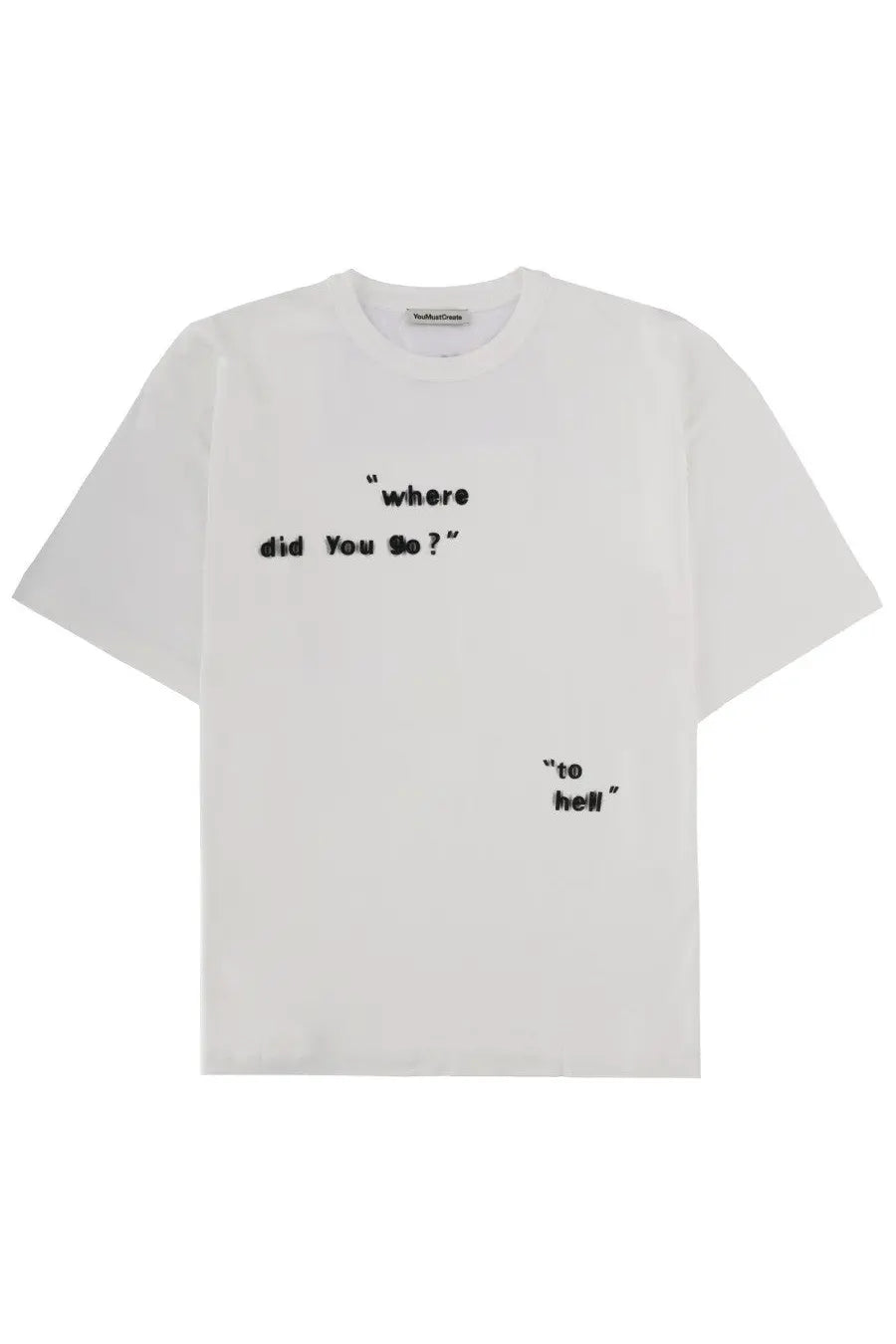 Ymc men’s shirt triple white white cotton t-shirt with black embroidered text where did you go and to hell on the back