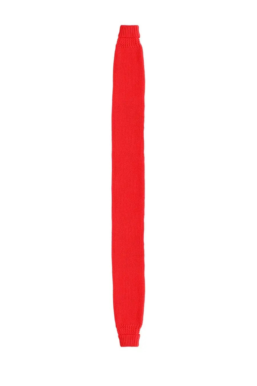 Ymc men’s sleeve scarf in vibrant red knitted fabric with ribbed texture and elasticated cuffs for added comfort