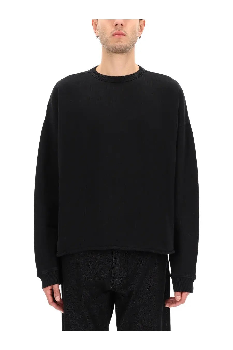 YMC men’s studio sweatshirt black oversized crewneck with relaxed fit and ribbed cuffs in soft cotton blend